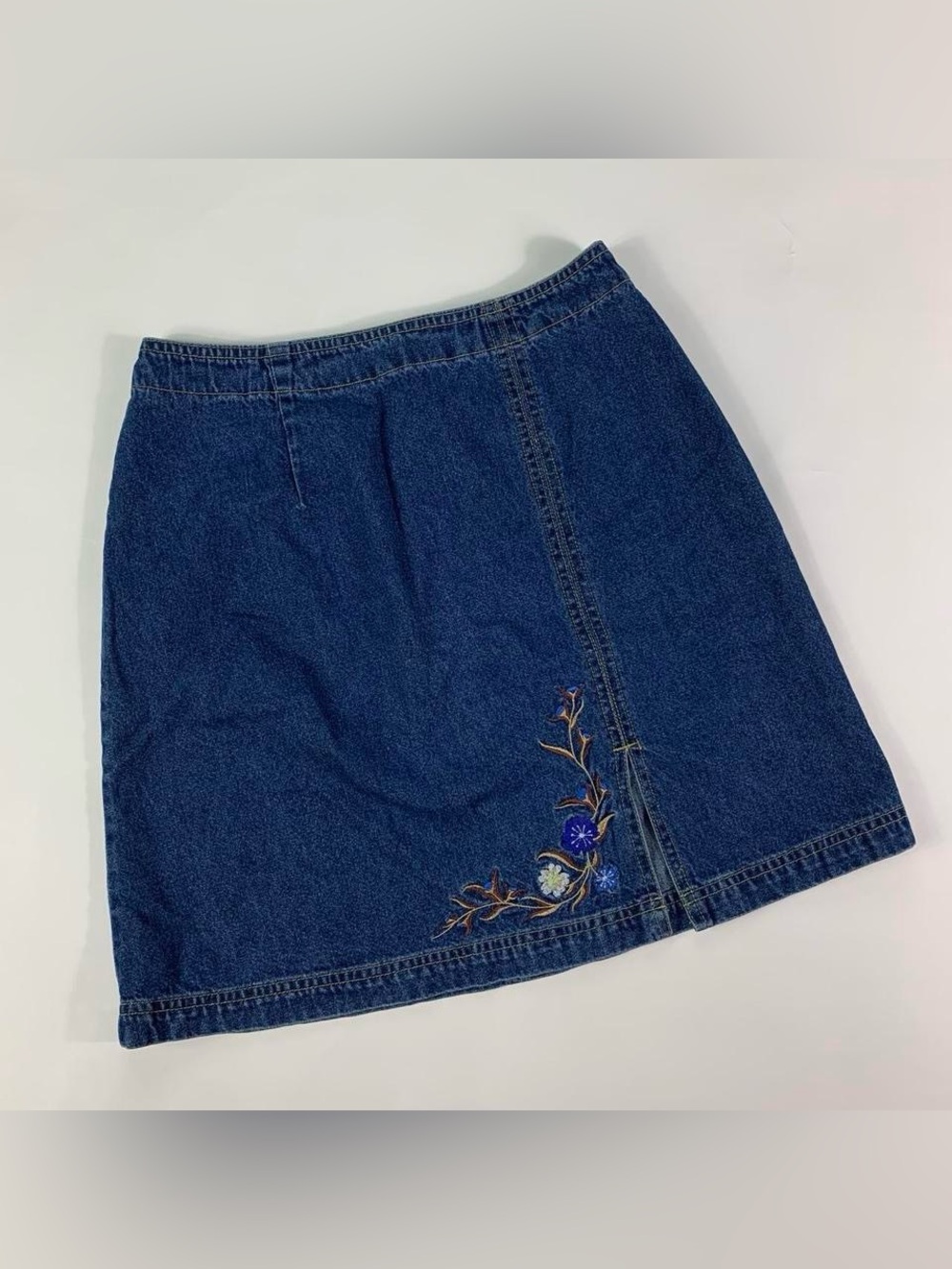 Route 66 Embroidered Denim Skirt Floral Dark Wash ALine Y2K 90s Size 5/6 Vintage